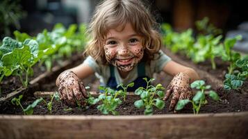 Child with a dirt-covered face, joyfully tending to small vegetable plants in a raised bed with bare hands, childhood gardening, happy and connected to nature photo