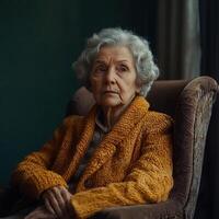 Sad elderly woman sitting in a chair, surrounded by empty space, looking away with a melancholic expression, alone and reflective photo