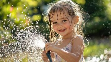 Happy child girl splashing water with a garden hose, creating a playful mist in the sunny backyard, playing with garden hose, joyful and lively photo