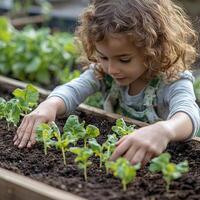 Child with a look of concentration, using their bare hands to pat down the soil around young vegetable plants in a raised bed, childhood in the garden, engaged and responsible photo