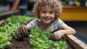 Child with dirt-covered hands, smiling as they water small vegetable plants in a raised garden bed, childhood in nature, joyful and hands-on photo