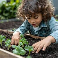 Child with a look of concentration, using their bare hands to pat down the soil around young vegetable plants in a raised bed, childhood in the garden, engaged and responsible photo