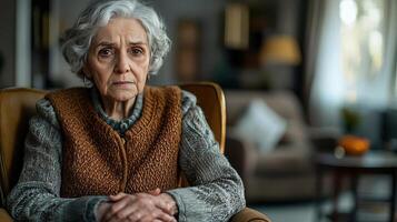 Sad elderly woman sitting on a chair in her living room, hands folded in her lap, staring into space, alone and empty photo