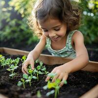 Child with a content expression, planting tiny vegetable seedlings in a raised garden bed with bare hands, surrounded by greenery, childhood outdoors, joyful and peaceful photo