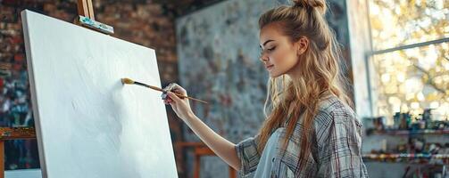 Girl painter in a minimalist studio, brush poised as she begins to paint on a new white canvas, creative process, thoughtful and passionate photo