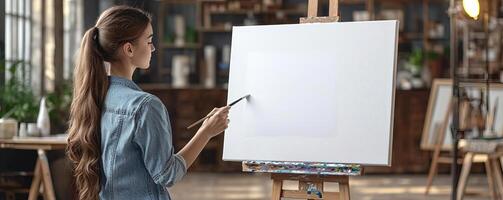 Creative artist standing by an easel with a fresh white canvas, beginning her artwork with a brush, modern studio setting, creative hobby, absorbed and inspired photo