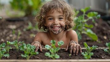 Child with a dirt-covered face, joyfully tending to small vegetable plants in a raised bed with bare hands, childhood gardening, happy and connected to nature photo