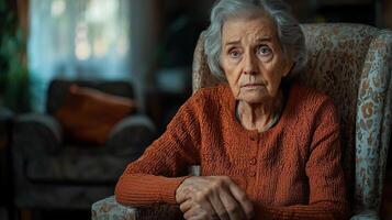 Sad elderly woman sitting on a chair in her living room, hands folded in her lap, staring into space, alone and empty photo