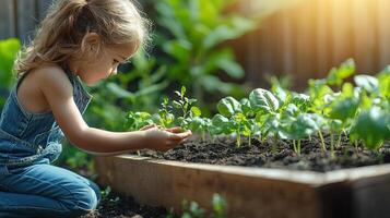 Child kneeling beside a raised garden bed, using their bare hands to plant tiny seedlings, with the sun shining down, childhood outdoors, peaceful and engaged photo