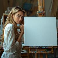 Girl painter at a stylish art studio, leaning close to a white canvas on an easel as she begins her artwork, creative hobby, dedicated and thoughtful photo