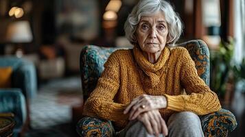 Sad elderly woman sitting on a chair in her living room, hands folded in her lap, staring into space, alone and empty photo