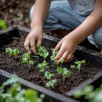 Child gently planting small vegetable seedlings in a raised garden bed with bare hands, surrounded by soil and greenery, childhood in the garden, nurturing and attentive photo