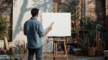 Creative artist standing in front of a new white canvas on an easel, brush in hand, ready to start painting, modern art studio, focused and inspired photo