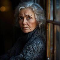 Elderly woman sitting by a window, gazing out with a distant look, sadness reflecting in her eyes, alone and contemplative photo