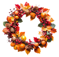 Autumn wreath with berries and pine cones, cut out - stock . png