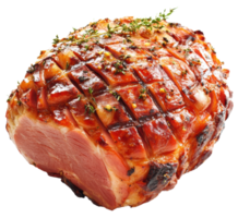 Glazed ham with herbs on a serving platter, cut out - stock . png