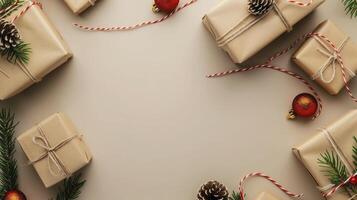Brown wrapped Christmas presents with pine cones, candy canes, and ornaments on beige background. photo
