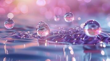 Water droplets floating above a reflective surface, with vibrant pink and purple bokeh in the background. photo