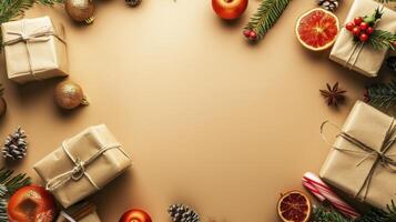 Christmas presents, pine branches, ornaments, and dried oranges arranged on beige background. photo
