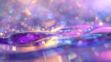 Abstract image of colorful bokeh lights reflecting on shiny liquid surface. Gradient background with purple and pink hues photo