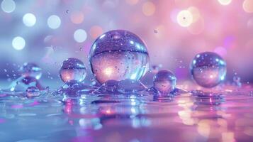 Iridescent bubbles float on a liquid surface with a vibrant bokeh background. photo
