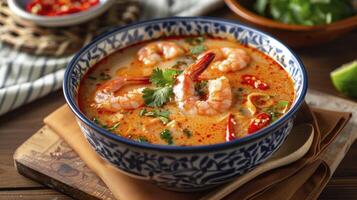Close-up of a bowl of Thai Tom Yum soup with shrimp, cilantro, and chili peppers in a patterned bowl on a wooden table, showcasing a delicious and spicy dish photo