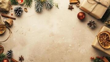 Christmas decorations and gifts arranged on a rustic background. Holiday-themed still life. photo
