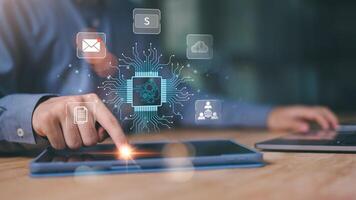 Ai ,Businessman showing concept, connection, innovation development and artifacts too artificial intelligence ,ideas and innovation ,Machine learning ,science and technology photo