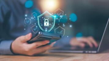 businessman connected network with virtual icon,internet security concept, cyber security online, digital security unlocking or encryption, secure login authorization,Protecting data from theft photo