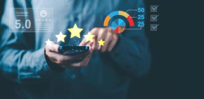 Male consumers rate their satisfaction and rate and review them online. Customer Experience Survey Concepts for Services and Products and Customer Engagement ,Quality Assessment ,positive marketing photo