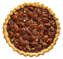 Pecan pie with caramel glaze on a wooden table, cut out - stock . png