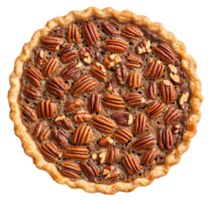 Pecan pie freshly baked on a wooden table, cut out - stock . png