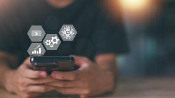 Ai ,Businessman showing concept, connection, innovation development and artifacts too artificial intelligence ,ideas and innovation ,Machine learning ,science and technology photo
