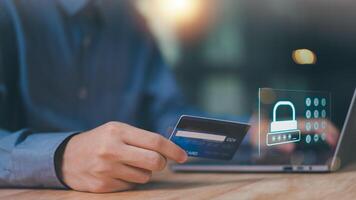 Concept of financial transactions with credit card Through a smartphone, payment with wireless communication technology, focus on consumer safety and cashlessness ,Protecting data from theft photo