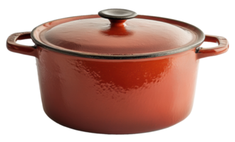 Red enameled cast iron cookware with lid, cut out - stock . png