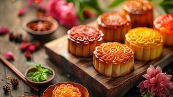 Variety of mooncakes on wooden board with flowers. Traditional Chinese pastries, Mid-Autumn Festival photo
