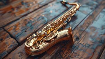 The shiny golden saxophone showcases its intricate keys and curves, warm wooden backdrop, jazz music photo