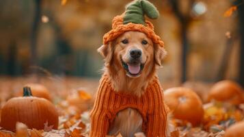 Golden Retriever in an orange Halloween pumpkin costume, sitting among autumn leaves and decorations photo