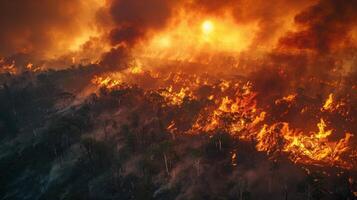 Flames consume trees in a vast forest fire as thick smoke rises into the air during sunset, creating a dramatic and ominous atmosphere photo