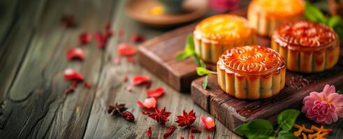 Mooncakes on wooden board with flowers. Chinese Mid-Autumn Festival, wide banner with copy space photo