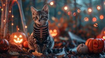 Tabby kitten wearing a black skeleton costume on spooky Halloween background with glowing pumpkins photo
