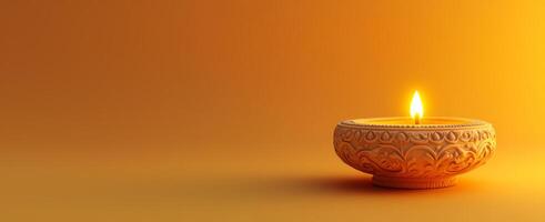 Diwali diya lamp decorated casting warm yellow glow. Dussehra celebration. Wide banner with copy space photo