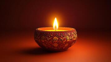 Diwali diya lamp decorated casting warm yellow glow on a gradient background. Dussehra celebration photo