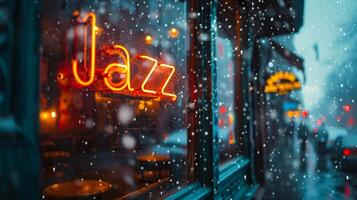 A neon Jazz sign on a window of a jazz bar. Large snowflakes falling outside, winter evening street photo