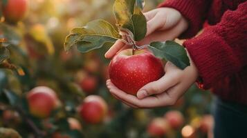 Hands picking an apple from a tree branch in a beautiful autumn orchard. Fall season, harvest time photo