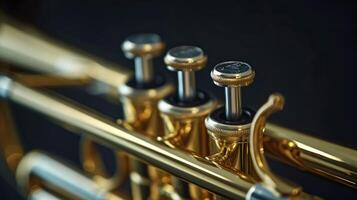 Close-up of a shiny golden saxophone, revealing its keys and elegant design in a black background photo