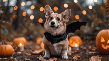 Corgi dressed as a bat, with small black wings, in a spooky Halloween setting with pumpkins, candles photo
