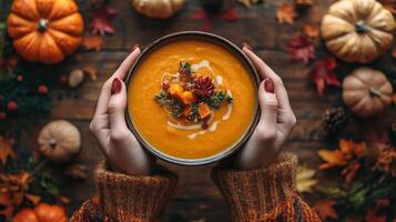 First person view of hands holding a bowl of pumpkin soup on autumn themed table. Fall season, PoV photo