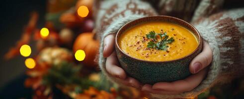 Hands holding a bowl of autumn pumpkin soup. Fall season, PoV. Wide format banner with copy space photo