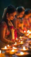 Devotees worshiping Goddess Lakshmi, traditional Diwali ritual, adorned altar with lamps and flowers photo